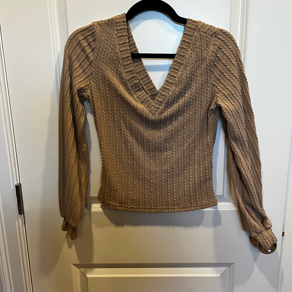 SHEIN Tan V-Neck Cable Knit Sweater